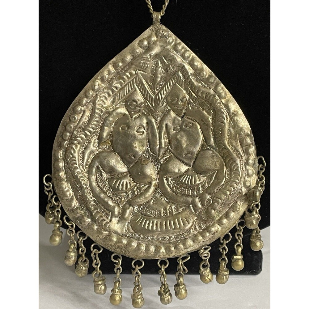 Vintage Antique Tribal Old Silver Amulet Pendant Necklace Hindu Deity Agate “👀”